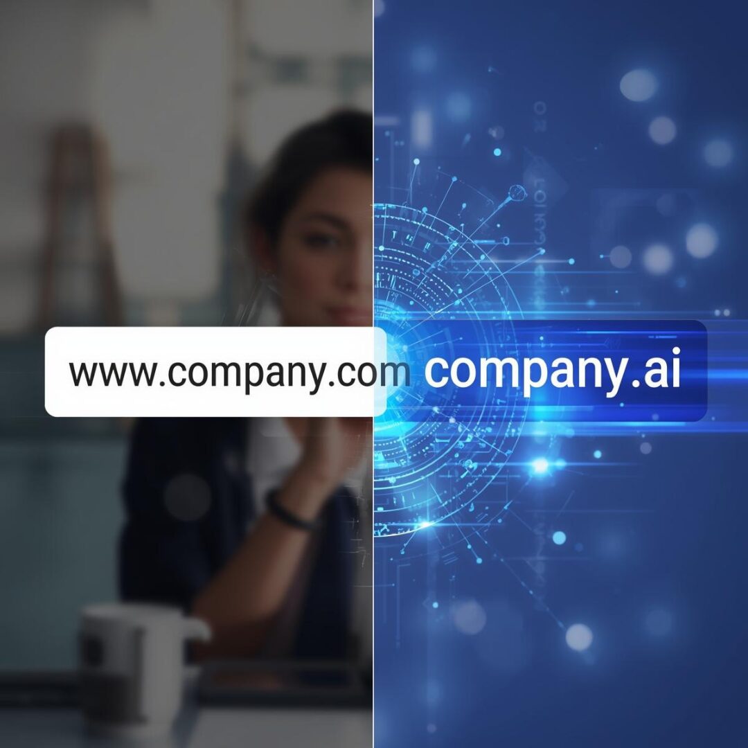 A split image showing a traditional business website URL morphing into a .ai domain