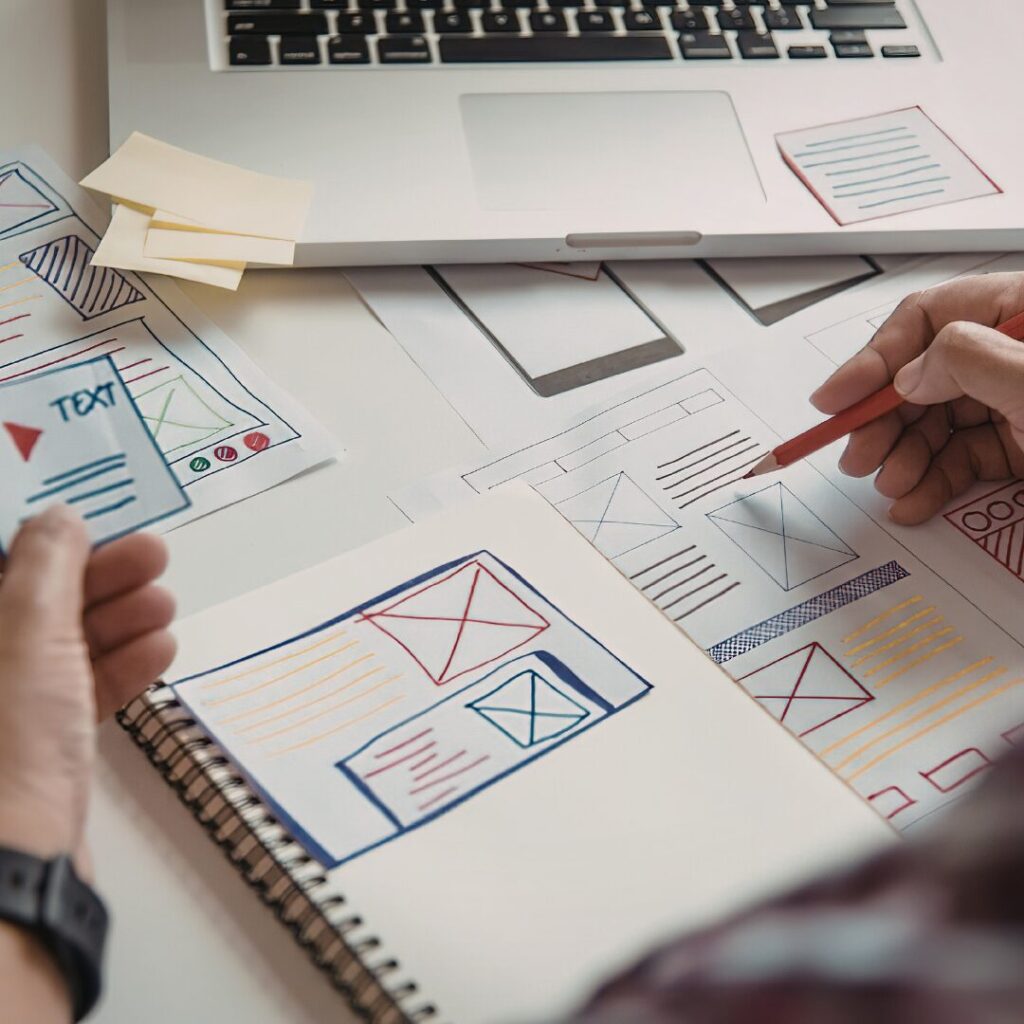 Person conducting UX research with a pencil and paper on a desk. 