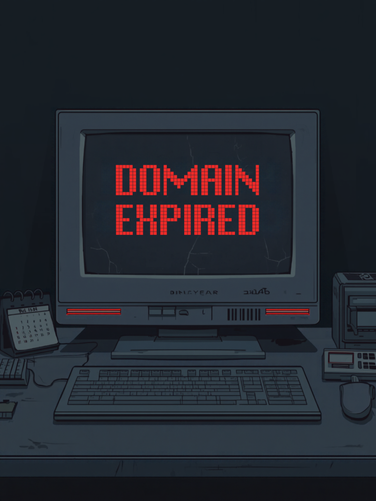 the words "Domain Expired" in red text on a computer screen representing a common domain name mistake.