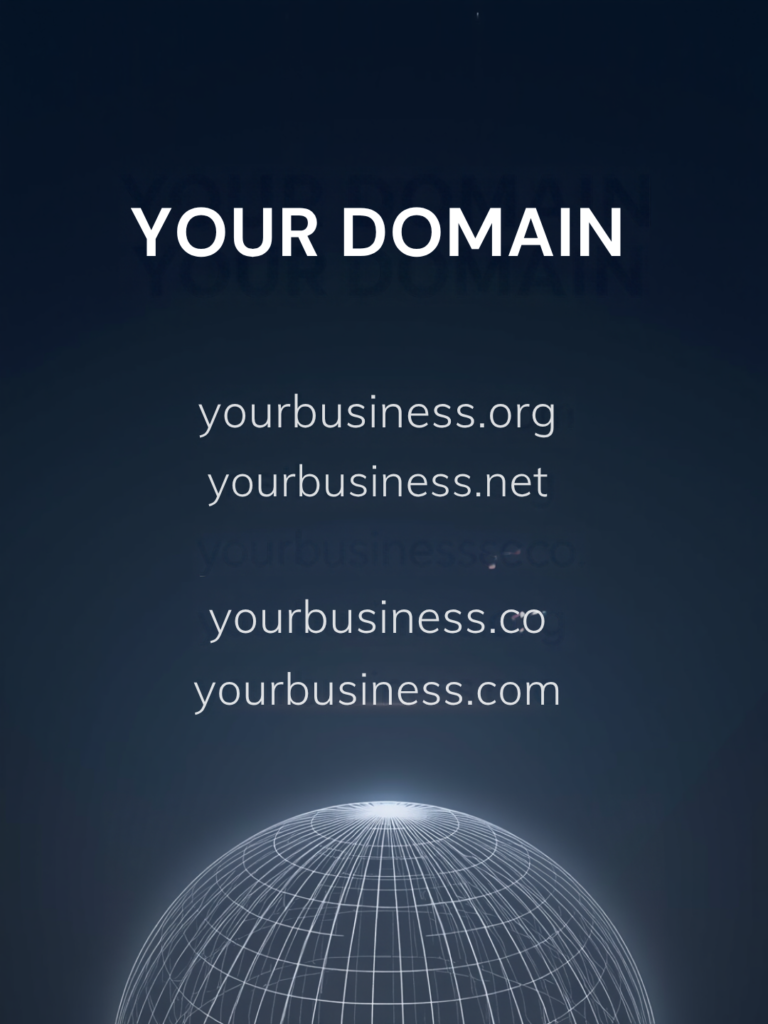 Domains across a graphic showing domain extensions for business owners.